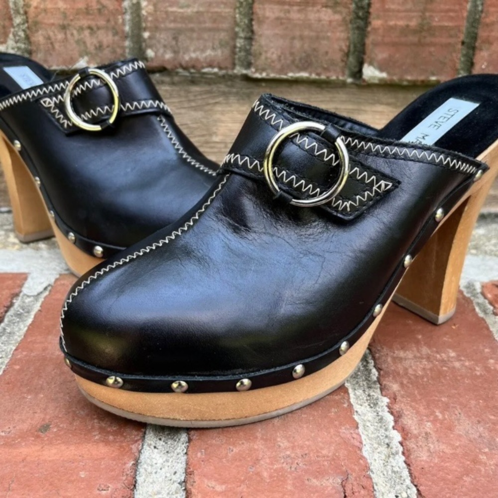 Steve Madden Vintage 90s Y2k Faris Black Clog Mules Wooden Heels Platforms Sz 9